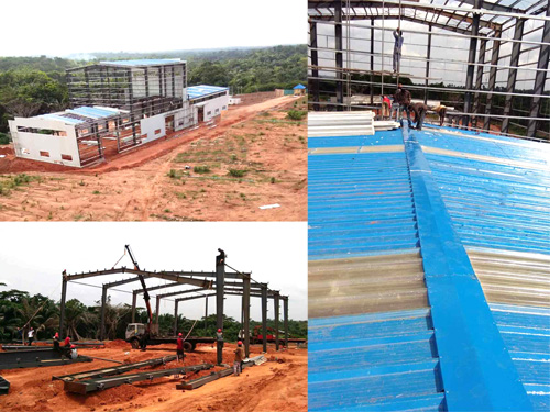 steel structure prefabricated workshop, steel structure frame install, roof cladding and roof skylight